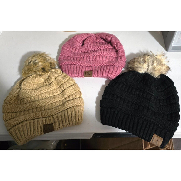 C.C Beanie Hats Women's OSFM Pink, Black and Tan 3 Pack Knit Acrylic - Picture 1 of 12